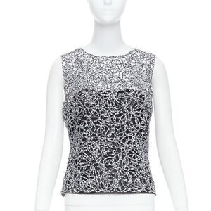 CHANEL 09P black white abstract print squiggle lattice sleeveless vest top FR40